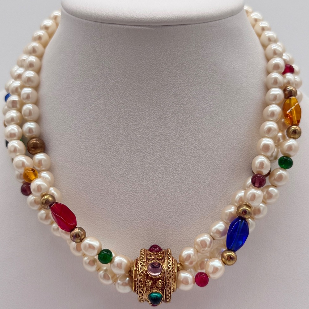 Carol Dauplaise Faux Pearl Multi Strand Necklace Gold Tone Filigree Bead Signed‎
